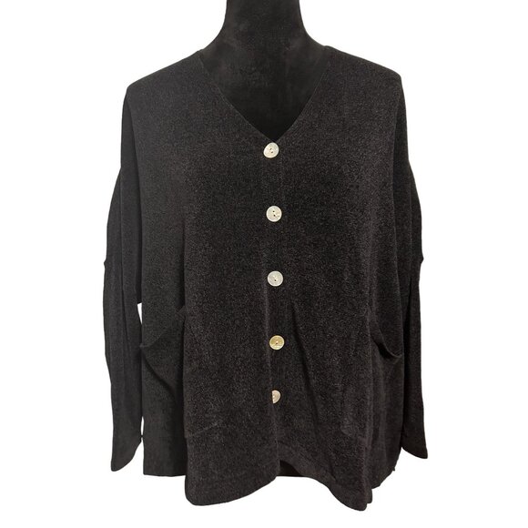 Wynne Lounge Chenille Knit Oversized Cozy Black Button-Up Cardigan Sweater Sz PL - Picture 2 of 4